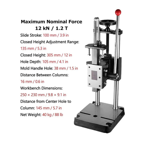 Manual arbor press with specifications on maximum force, dimensions, and usage for leather crafting and riveting.