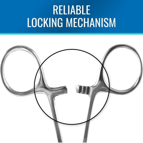 Curved Precision Kelly Forceps Locking Tweezers Clamp, 5.5 Inch Stainless Steel Medical Grasp Tool For Doctors, Nurses, EMTs And Home Use, Fine Tip, Strong Locking Mechanism For Delicate Small Item Clamping, close-up of locking jaw