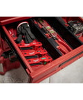 Tool drawer with folding hex key set, 17 keys, SAE and metric, in red storage rack, alongside gloves and tools.