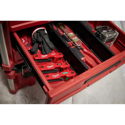 Tool drawer with folding hex key set, 17 keys, SAE and metric, in red storage rack, alongside gloves and tools.