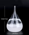 Storm Glass Weather Predictor With Wood Base Modern Weather Station Crystal Glass Bottle For Home Or Office Decor Predict Weather By Crystal Formations Dope Desk Accessory And Conversation Starter, teardrop shape with measurements, on wood base.
