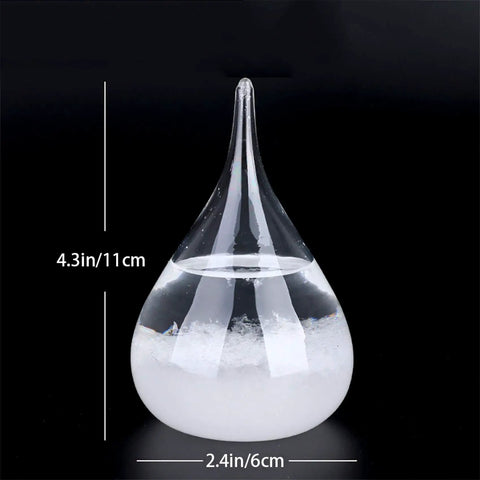 Storm Glass Weather Predictor With Wood Base Modern Weather Station Crystal Glass Bottle For Home Or Office Decor Predict Weather By Crystal Formations Dope Desk Accessory And Conversation Starter, teardrop shape with measurements, on wood base.