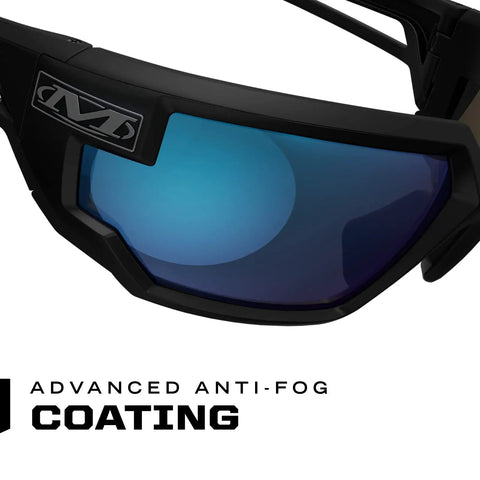 Close-up of Vision Type X Safety Glasses With Blue Mirror Lens Anti Fog Coating, showing lightweight frame and temples.