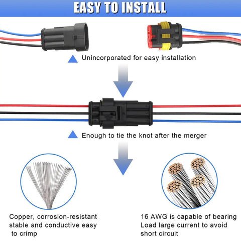 3 Pin Waterproof Car Electrical Connectors Kit For 16 AWG Wire Quick Disconnect Plugs No Hassle Automotive Male And Female Wire Connectors For Car Truck Boat IP65 Weatherproof Set installation steps diagram