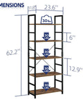 5 Tier Bookshelf Tall Bookcase Storage Organizer dimensions illustration with metal frame, wood shelves, and weight capacity details.