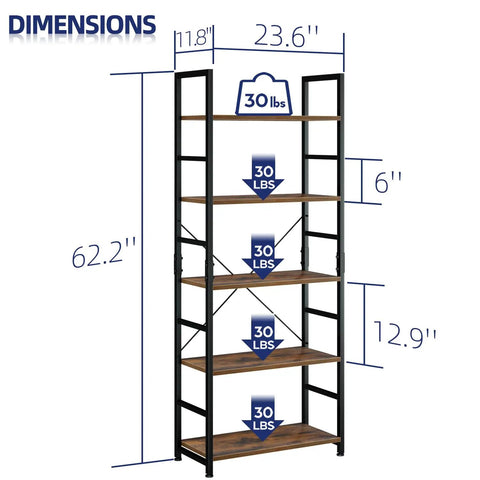 5 Tier Bookshelf Tall Bookcase Storage Organizer dimensions illustration with metal frame, wood shelves, and weight capacity details.