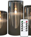 Set of 3 Gray Glass Flameless LED Candles Battery Powered With Timer And 10 Key Remote Real Wax Warm Flicker For Weddings Parties