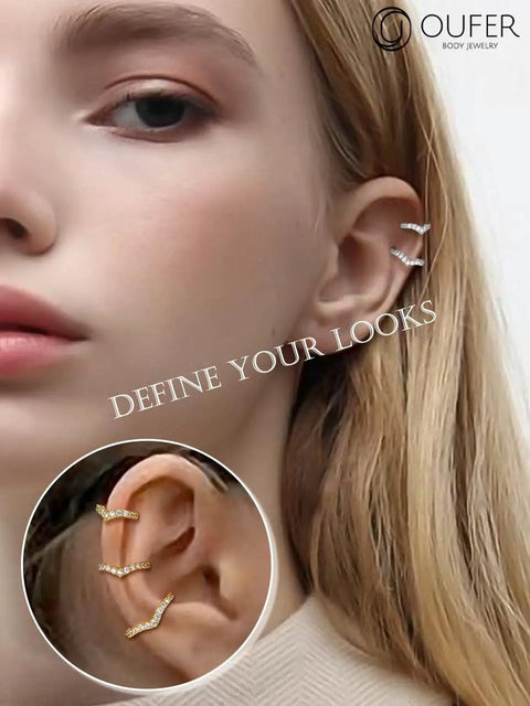16G Helix Earrings With V Shaped CZ Inlay 316L Surgical Steel Cartilage Jewelry displayed on ear, close-up view