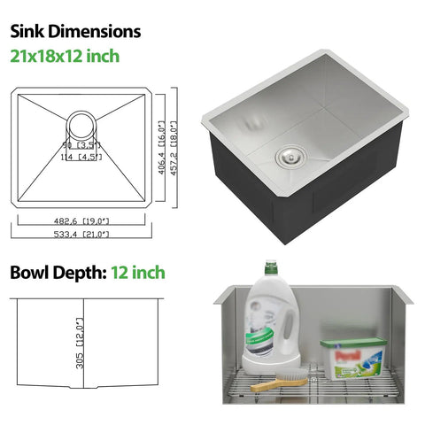Image showing Undermount Bar Sink 15x17 Inches 16 Gauge Stainless Steel Wet Prep Single Bowl Handmade T304 Brushed Finish dimensions.