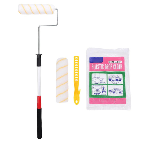 Premium 9 Inch Paint Roller Kit With Flex Telescoping Pole For Walls And Ceilings with a drop cloth and roller accessories.