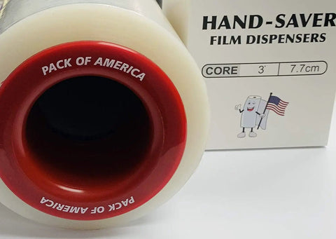 Kickass Ergonomic Plastic Hand Savers For Stretch Film Dispensing, showing core and packaging design for 3-inch reels.
