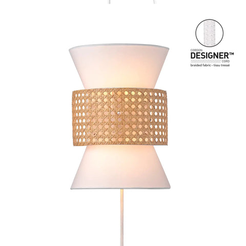 Two-Light Plug-In Or Hardwire Wall Sconce With Matte White Fabric Shade And Natural Rattan Accent 6-Foot Braided Cord