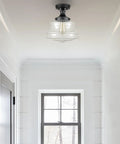 Industrial Black Semi Flush Mount Ceiling Light with Clear Glass Fixture 11 Inch Schoolhouse Style in hallway