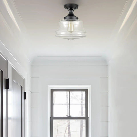 Industrial Black Semi Flush Mount Ceiling Light with Clear Glass Fixture 11 Inch Schoolhouse Style in hallway