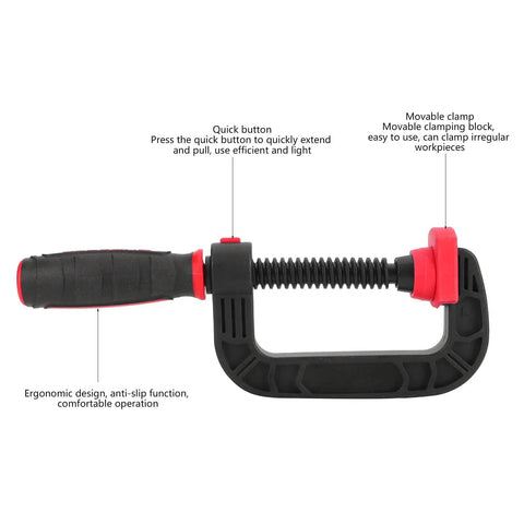 G Clamp Woodworking Tool With Quick Adjustable Movable Jaw For DIY Woodworking And Carpentry Projects 2 Inch Opening 50mm Soft Grip Holding Clamp, black and red