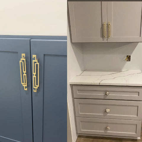 Gold Zinc Alloy Drawer Pulls 4.2 Inch Long Cabinet Handles installed on blue and grey cabinets, shown with included screws for dressers.