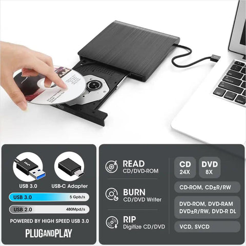 External CD DVD Drive Burner USB 3.0 Type C For Laptop And PC Plug And Play No Fuss Optical Drive Plays DVDs And CDs Burns Media Rips Audio And Video Time Tested Classic And Ultra Reliable For Travel, black slim external drive ejecting disc