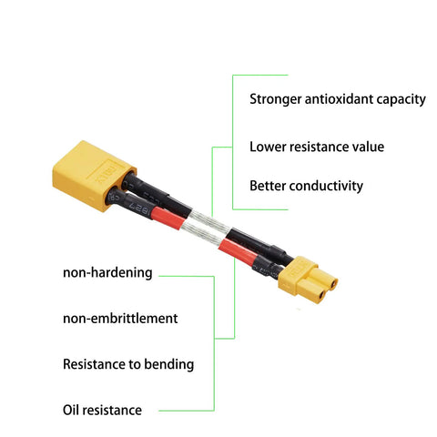 XT60 Male To XT30 Female Connector Adapter 14AWG Cable 5cm 2 Pack with features highlighted.