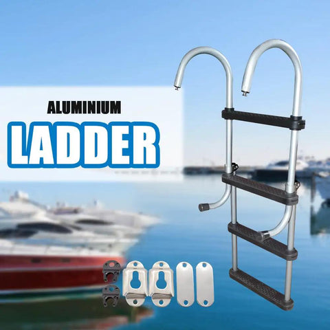 4 Step Aluminum Boat Ladder With Removable Folding Design, Beefy Heavy Duty Marine Stepladder, Durable Aluminum Build Handles Up To 500 Lbs, Easy Storage For Boats, Yachts, Pontoon, Ships, And Fresh Or Salt Water Use shown with mounting hardware