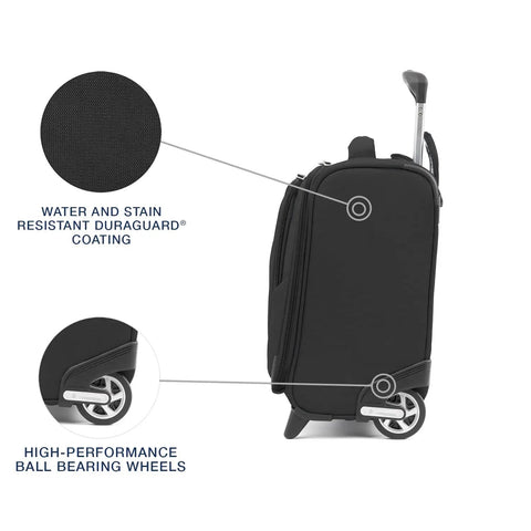 Side view of Maxlite 5 Softside Underseat Rolling Tote Two Wheel Carry On Bag for Cabin Use with Duraguard coating and wheels