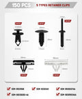 Image showing Six In One Wrangler Fender Flare Clips And Fastener Retainer Set for various Jeep models with size details.