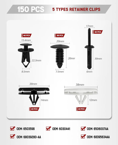 Image showing Six In One Wrangler Fender Flare Clips And Fastener Retainer Set for various Jeep models with size details.
