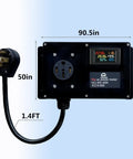 Digital LCD Power Meter For 50 Amp 120V Systems With NEMA 14 50 Connector, showing dimensions and 1.3 Ft 9 AWG Cable
