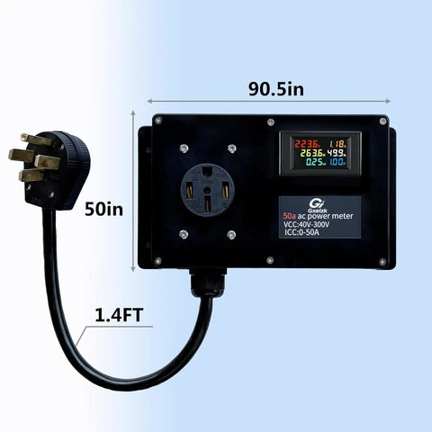 Digital LCD Power Meter For 50 Amp 120V Systems With NEMA 14 50 Connector, showing dimensions and 1.3 Ft 9 AWG Cable
