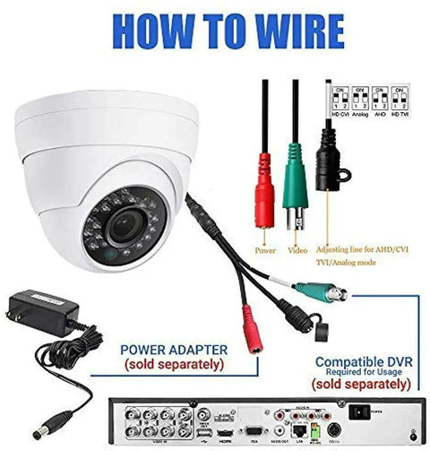 5MP Full Color Night Vision Dome Security Camera With Visible White LED Lights Outdoor Metal Housing Built Tough For 65ft Night Vision 2.8mm Wide Viewing Angle TVI CVI AHD Compatible Works With 5MP And 8MP DVR Only shown with wiring setup