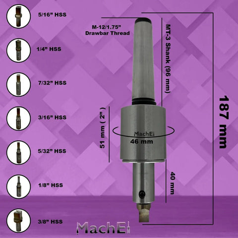 MT3 Shank Rotary Broach Set with 7 Piece HSS Square Punches and dimensions for metalworking and automotive projects