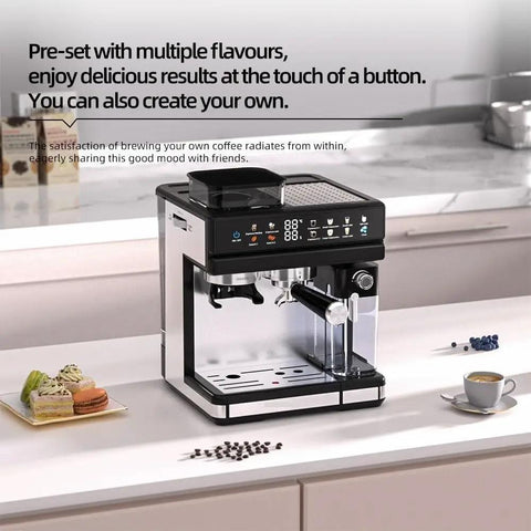 Heavy Gauge Stainless Steel Espresso Machine With Built In Burr Grinder Semi Automatic Coffee Maker Churning Out Smooth Shots For The Daily Grind Stress Free on kitchen counter with coffee