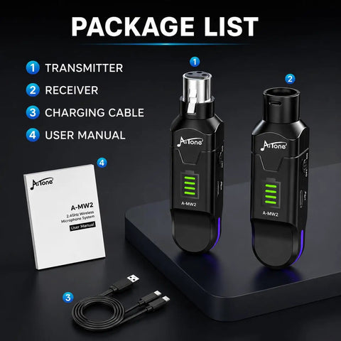 2.4GHz Wireless XLR Mic System With Plug-And-Play Setup package including transmitter, receiver, cable, and manual.