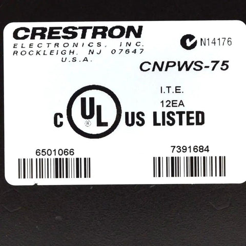 Label on 75 Watt Cresnet Power Supply 24V Regulated Output With 250 Volt Input, showing UL listing and product codes.