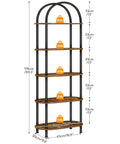 Five Tier Industrial Arched Bookshelf With Hella Sturdy Wooden And Metal Frame Rustic Brown Open Display Rack For Living Room, 176cm tall.