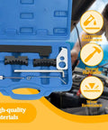 Top Shelf Car Timing Tool Kit With Hardcore Grip Camshaft Holding Belt And Shop Tested Timing Locking Kit For Auto Camshaft Tensioning and Dead Center Alignment Compatible With 16V 1.4 1.6 1.8 En6340 Km6340 Blue in blue case with tools.