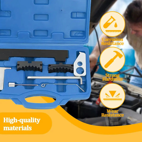 Top Shelf Car Timing Tool Kit With Hardcore Grip Camshaft Holding Belt And Shop Tested Timing Locking Kit For Auto Camshaft Tensioning and Dead Center Alignment Compatible With 16V 1.4 1.6 1.8 En6340 Km6340 Blue in blue case with tools.
