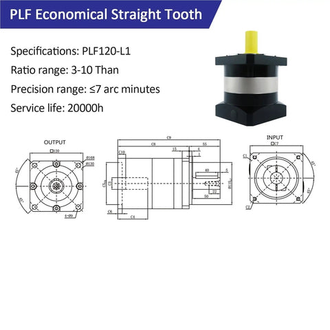 High Output Planetary Gearbox Speed Reducer 120Mm Frame design specifications and dimensions for PLF120-L1 model with a 3-10 ratio.