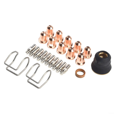 Top Pick Plasma Cutter Consumables Kit With Extra Electrodes Nozzles And Swirl Rings For S30 S35 Cut45 Machines Plus Spring Guide components with copper nozzles and metal parts.