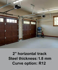 Heavy Duty 2mm Steel Garage Door Track Rails With R12 Radius Curved Design, Horizontal Tracks For 7 Foot High Doors, 2 Inch RolleSystem Compatible, 8.5 Feet Total Length, Residential And Commercial Replacement For Smooth, Reliable Operation shown installed in a garage.