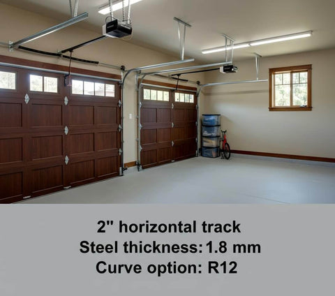 Heavy Duty 2mm Steel Garage Door Track Rails With R12 Radius Curved Design, Horizontal Tracks For 7 Foot High Doors, 2 Inch RolleSystem Compatible, 8.5 Feet Total Length, Residential And Commercial Replacement For Smooth, Reliable Operation shown installed in a garage.