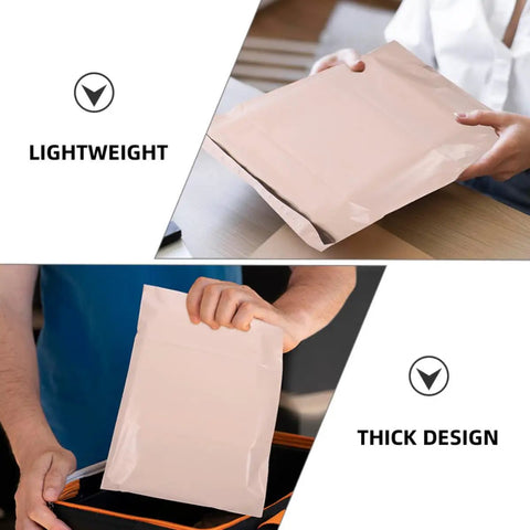 Khaki Poly Mailer Bags 100 Pack For Clothes And Cosmetics Easy Seal Tough Durable Poly Mailing Envelopes Lightweight And Portable Shipping Bags For Small Business Packaging shown in use highlighting lightweight and thick design.