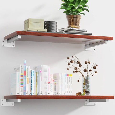 Straight Heavy Duty Black Floating Shelf Brackets Solid Stainless Steel Wall Mounted Supports with books and plants on shelves
