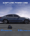 Car beside Portable Tire Inflator Air Compressor With Digital Pressure Gauge, 9.84ft power cord, and 1.97ft hose.