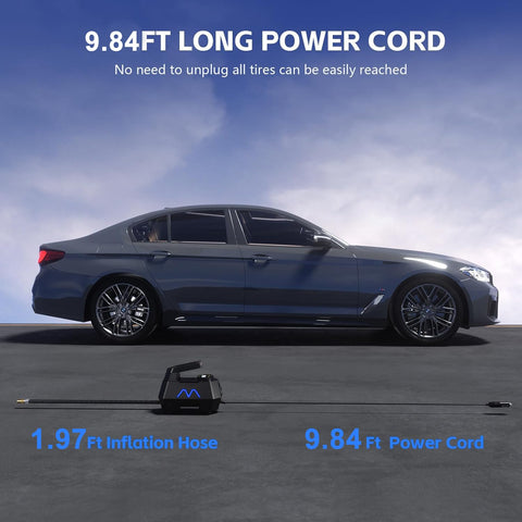 Car beside Portable Tire Inflator Air Compressor With Digital Pressure Gauge, 9.84ft power cord, and 1.97ft hose.