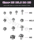 Top Shelf Nickel Plated Carbon Steel Terminal Block Screws With Square Washers Assortment Kit M3 M3.5 M4 M5 Sizes displayed vertically.