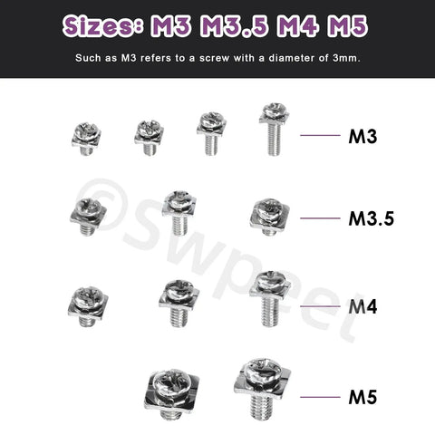Top Shelf Nickel Plated Carbon Steel Terminal Block Screws With Square Washers Assortment Kit M3 M3.5 M4 M5 Sizes displayed vertically.
