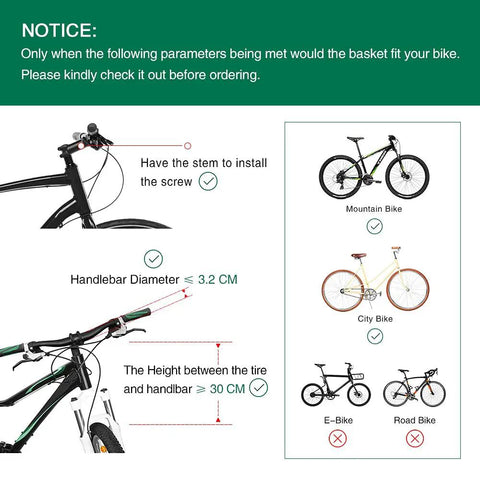 Compatibility guide for Front Dog Bike Basket For Small Pups Up To 11 Lbs showing mountain, city bikes, and size measurements.