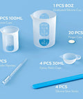 Silicone Resin Measuring Cup Tool Kit With 250 Ml And 100 Ml Cups, Popsicle Sticks, Pipettes, Finger Cots And Transfer Pipettes.