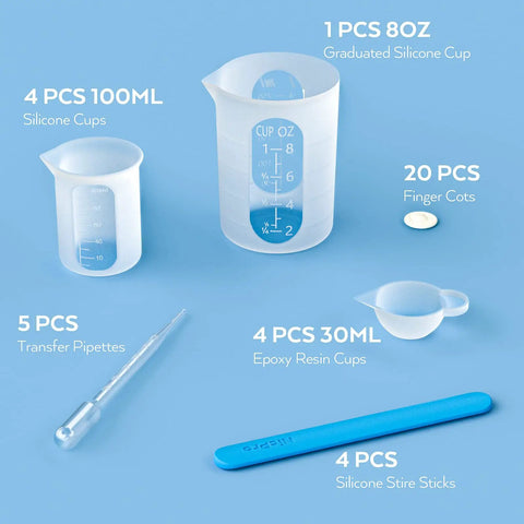 Silicone Resin Measuring Cup Tool Kit With 250 Ml And 100 Ml Cups, Popsicle Sticks, Pipettes, Finger Cots And Transfer Pipettes.
