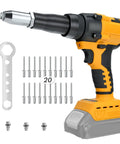 Brushless Cordless Rivet Gun Compatible With Dewalt 20V Max showing tool, rivets, and wrench; designed for heavy duty use.